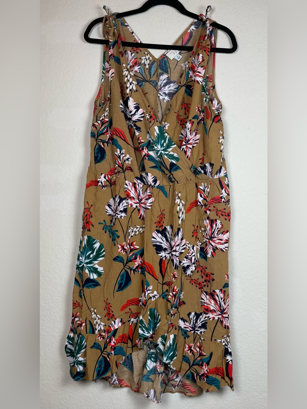 Tie-Shoulder V-Neck Midi Dress | Mustard Tropical Print | Faux Wrap | Size Med